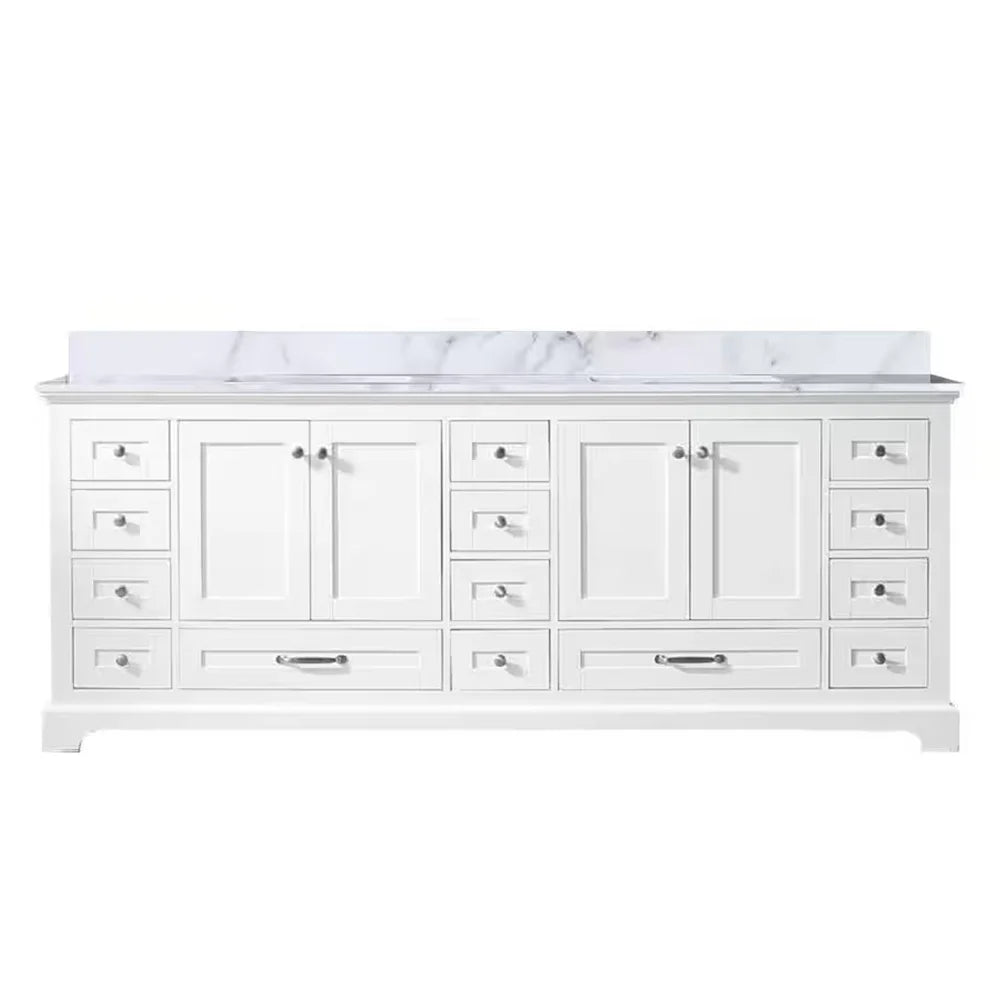 Dukes 84 In. Freestanding White Bathroom Vanity With Double Undermount Ceramic Sink, White Carrara Marble Top - BUILDMYPLACE