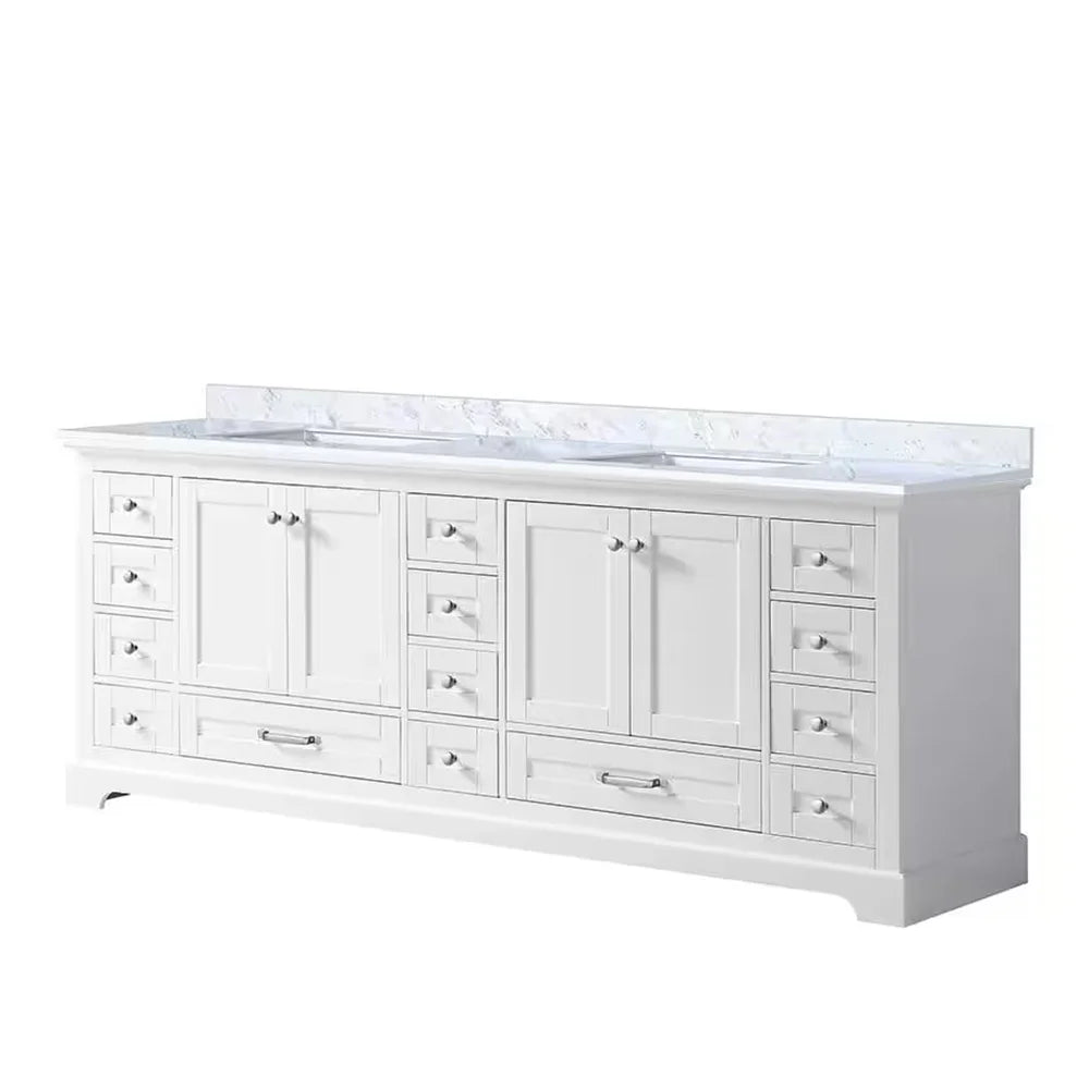 Dukes 84 In. Freestanding White Bathroom Vanity With Double Undermount Ceramic Sink, White Carrara Marble Top - BUILDMYPLACE