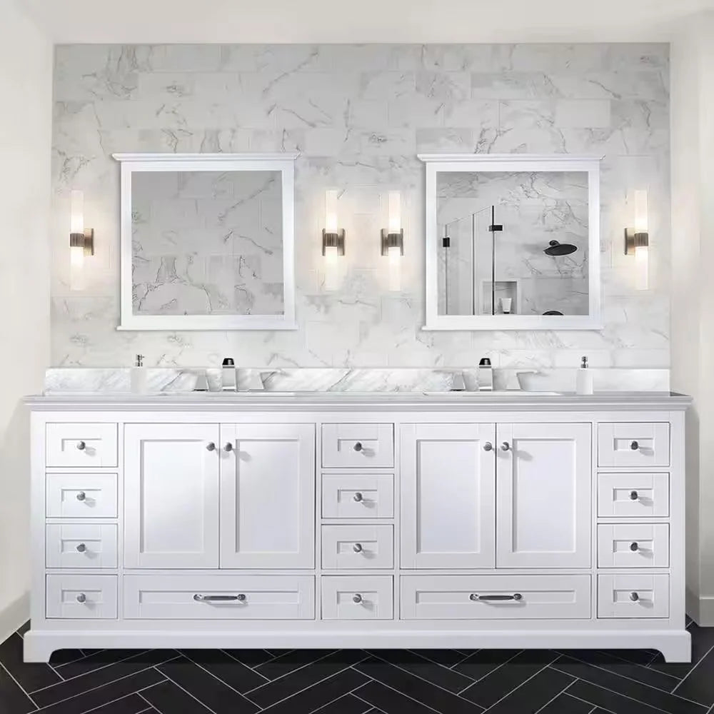 Dukes 84 In. Freestanding White Bathroom Vanity With Double Undermount Ceramic Sink, White Carrara Marble Top - BUILDMYPLACE