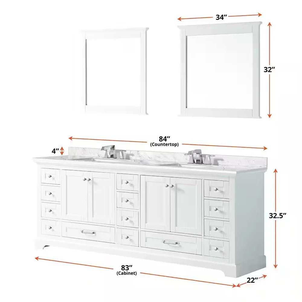 Dukes 84 In. Freestanding White Bathroom Vanity With Double Undermount Ceramic Sink, White Carrara Marble Top - BUILDMYPLACE