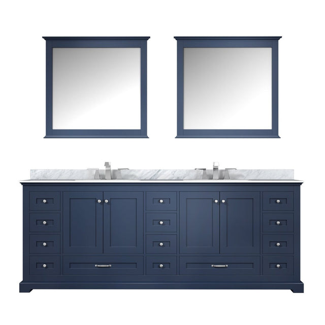 Dukes 84" Navy Blue Double Vanity, White Carrara Marble Top, White Square Sinks and 34" Mirrors - BUILDMYPLACE