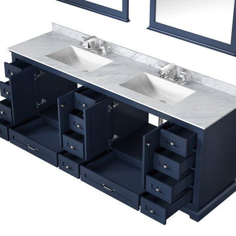 Dukes 84" Navy Blue Double Vanity, White Carrara Marble Top, White Square Sinks and 34" Mirrors w/ Faucets - BUILDMYPLACE