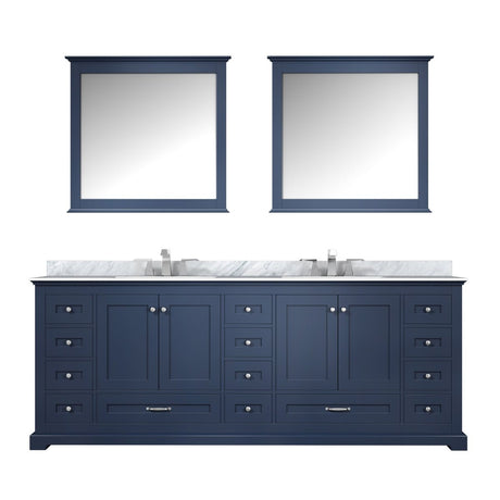 Dukes 84" Navy Blue Double Vanity, White Carrara Marble Top, White Square Sinks and 34" Mirrors w/ Faucets - BUILDMYPLACE