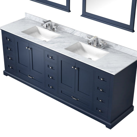 Dukes 84" Navy Blue Double Vanity, White Carrara Marble Top, White Square Sinks and 34" Mirrors w/ Faucets - BUILDMYPLACE