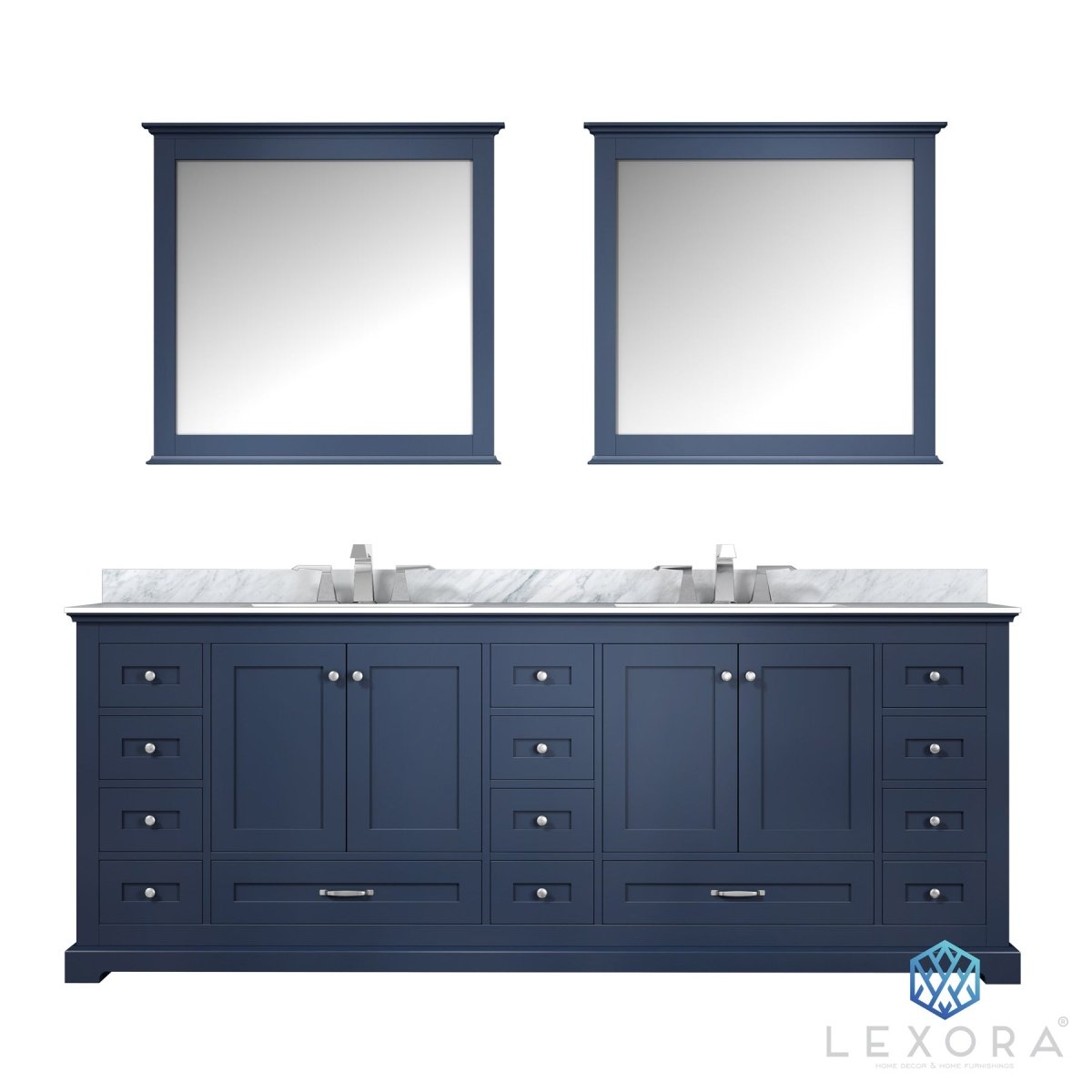 Dukes 84" Navy Blue Double Vanity, White Carrara Marble Top, White Square Sinks and 34" Mirrors w/ Faucets - BUILDMYPLACE