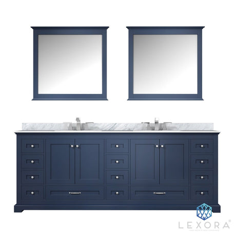 Dukes 84" Navy Blue Double Vanity, White Carrara Marble Top, White Square Sinks and 34" Mirrors w/ Faucets - BUILDMYPLACE