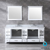 Dukes 84" White Double Vanity, White Carrara Marble Top, White Square Sinks and 34" Mirrors w/ Faucets - BUILDMYPLACE