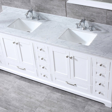 Dukes 84" White Double Vanity, White Carrara Marble Top, White Square Sinks and 34" Mirrors w/ Faucets - BUILDMYPLACE