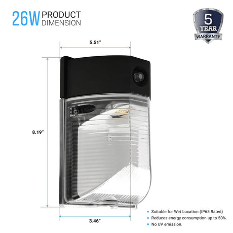 Dusk to Dawn - LED Wall Pack, 13W/18W/26W Wattage Adjustable, 3000K/4000K/5700K CCT Changeable, Outdoor Security Light - BUILDMYPLACE