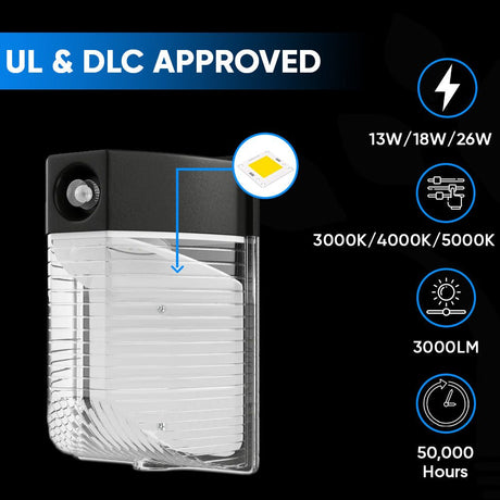 Dusk to Dawn - LED Wall Pack, 13W/18W/26W Wattage Adjustable, 3000K/4000K/5700K CCT Changeable, Outdoor Security Light - BUILDMYPLACE
