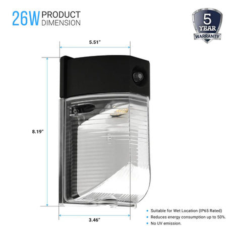 Dusk to Dawn - LED Wall Pack, 13W/18W/26W Wattage Adjustable, 3000K/4000K/5700K CCT Changeable, Outdoor Security Light - BUILDMYPLACE