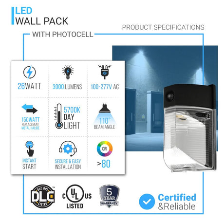 Dusk to Dawn - LED Wall Pack, 13W/18W/26W Wattage Adjustable, 3000K/4000K/5700K CCT Changeable, Outdoor Security Light - BUILDMYPLACE
