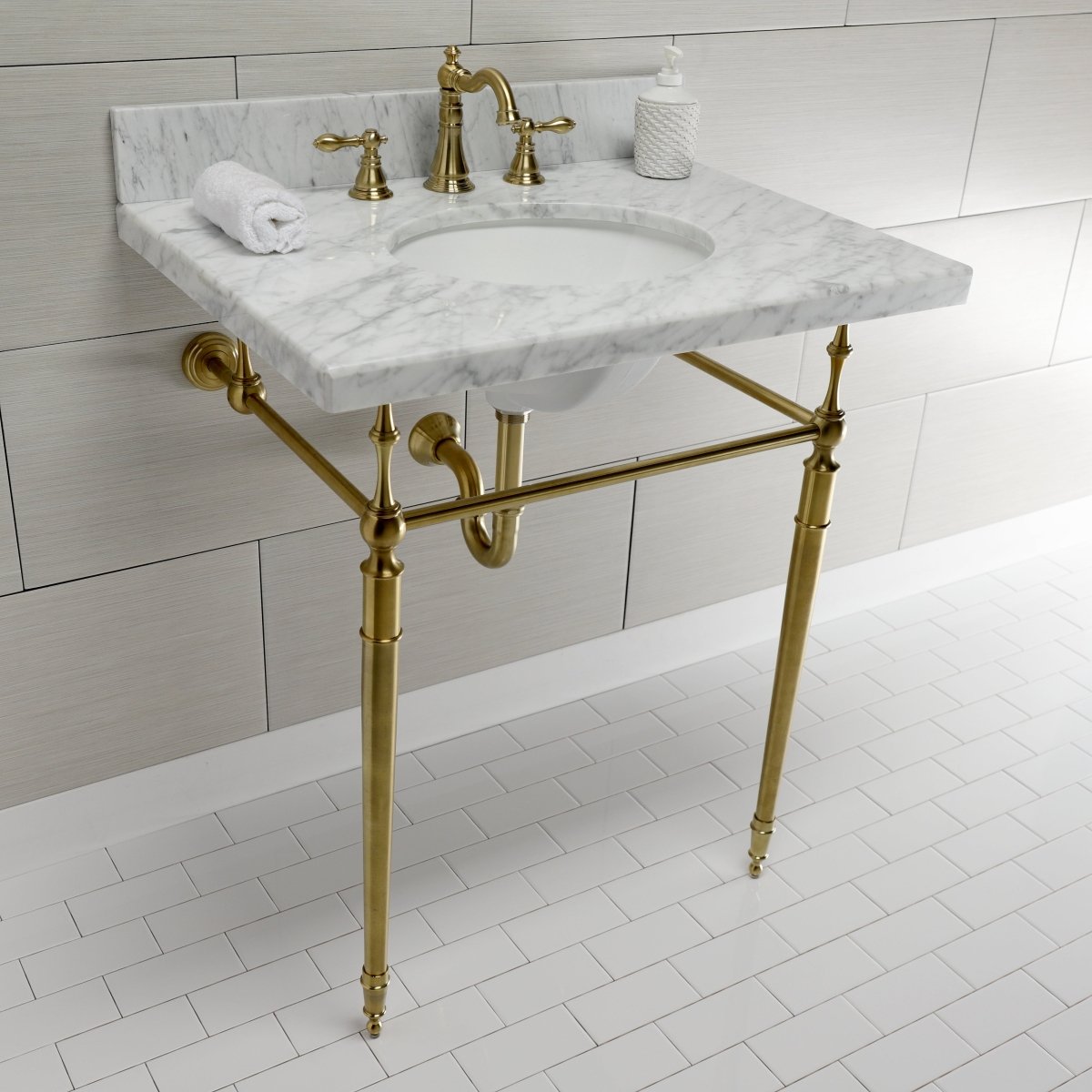 Edwardian 30" x 22" Console Sink with Brass Legs (8 - Inch, 3 Hole), Round Basin Sink - BUILDMYPLACE