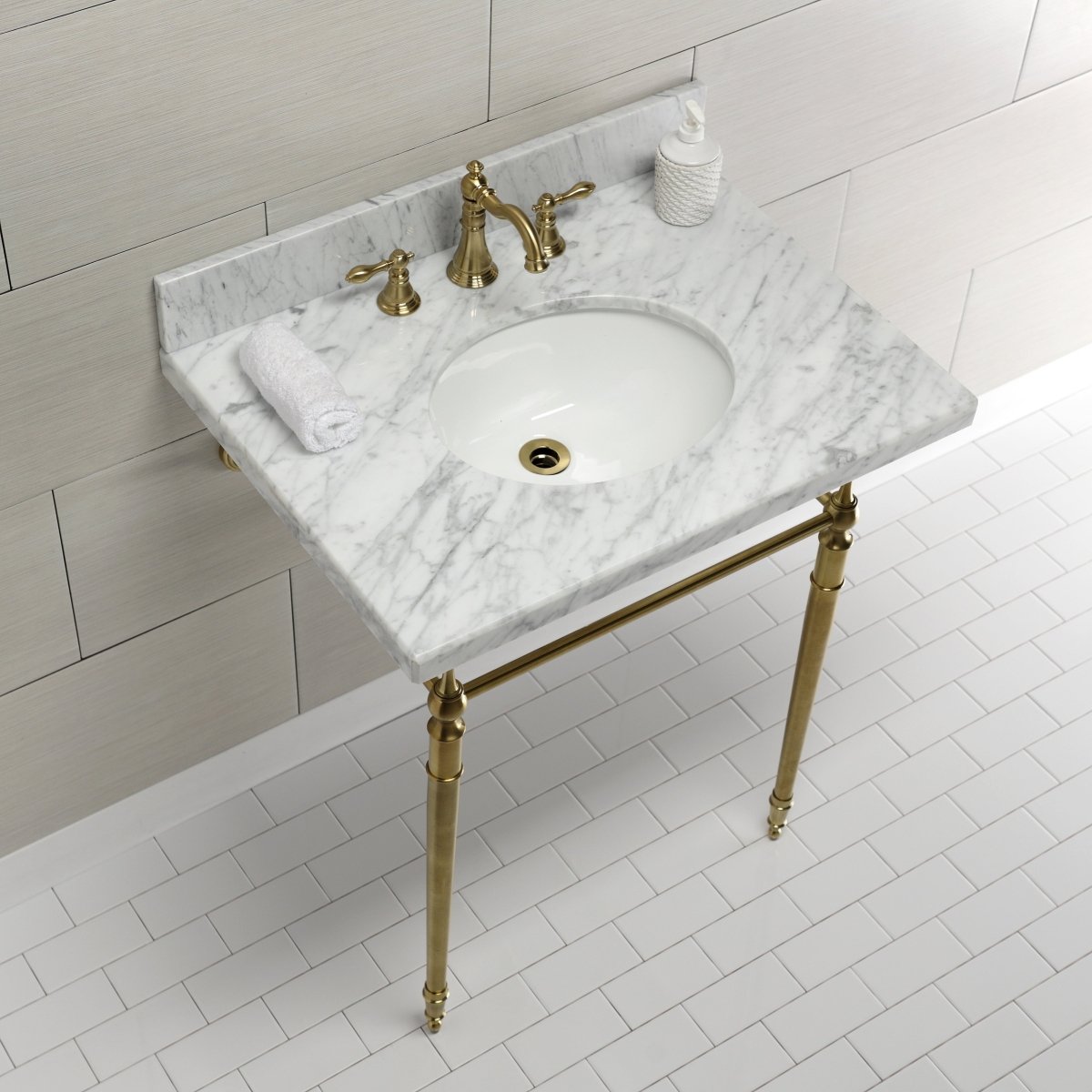 Edwardian 30" x 22" Console Sink with Brass Legs (8 - Inch, 3 Hole), Round Basin Sink - BUILDMYPLACE