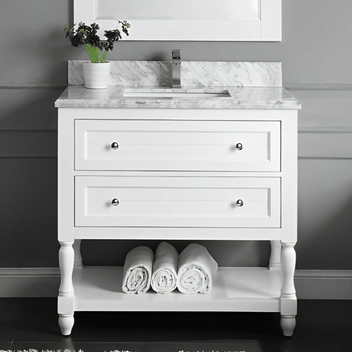 Elizabeth Freestanding Solid Wood White Bathroom Vanity with Carrara Natural Marble Sink Top with 4 In. Backsplash - BUILDMYPLACE