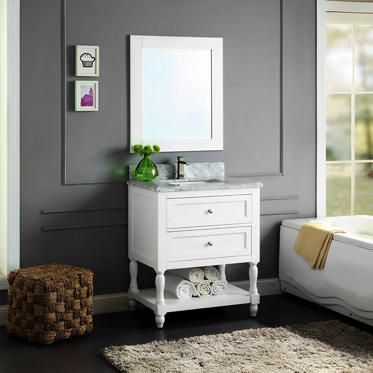 Elizabeth Freestanding Solid Wood White Bathroom Vanity with Carrara Natural Marble Sink Top with 4 In. Backsplash - BUILDMYPLACE