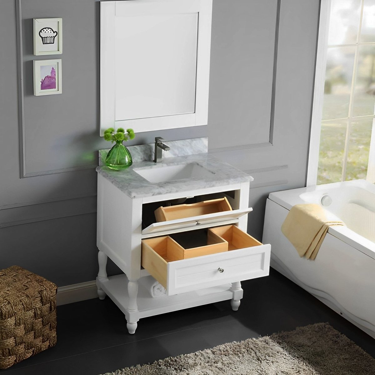 Elizabeth Freestanding Solid Wood White Bathroom Vanity with Carrara Natural Marble Sink Top with 4 In. Backsplash - BUILDMYPLACE