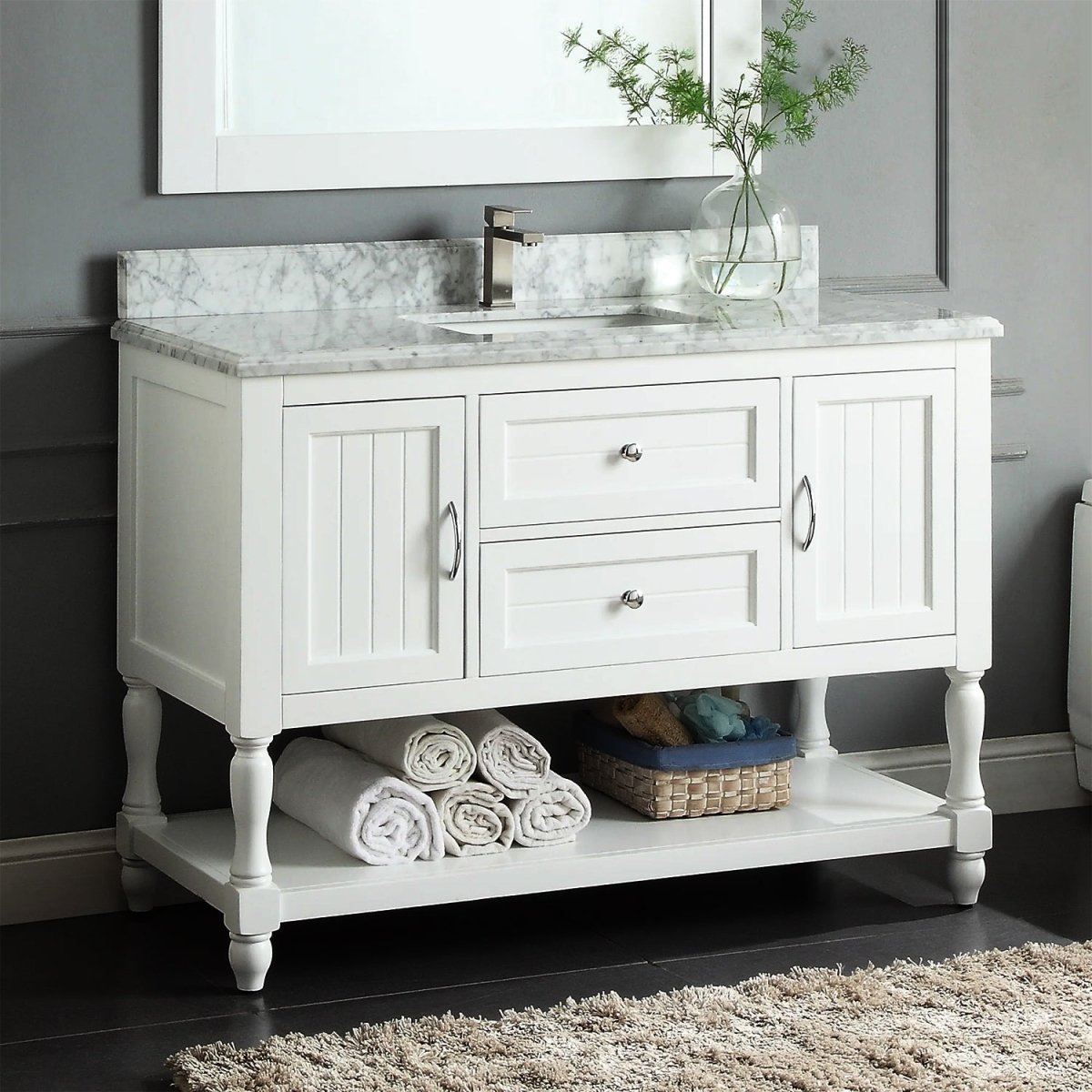 Elizabeth Freestanding Solid Wood White Bathroom Vanity with Carrara Natural Marble Sink Top with 4 In. Backsplash - BUILDMYPLACE