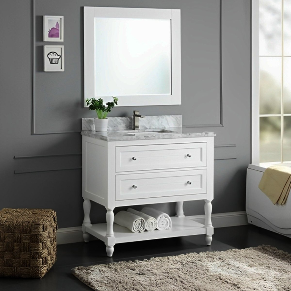 Elizabeth Freestanding Solid Wood White Bathroom Vanity with Carrara Natural Marble Sink Top with 4 In. Backsplash - BUILDMYPLACE