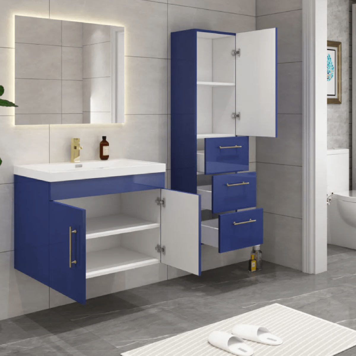 Elsa Modern Floating / Wall Mounted Bathroom Linen Side Cabinet With 1 Door and 3 Drawers - BUILDMYPLACE