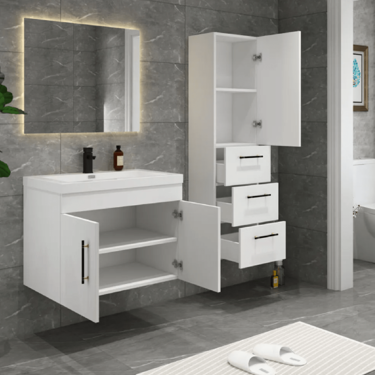 Elsa Modern Floating / Wall Mounted Bathroom Linen Side Cabinet With 1 Door and 3 Drawers - BUILDMYPLACE