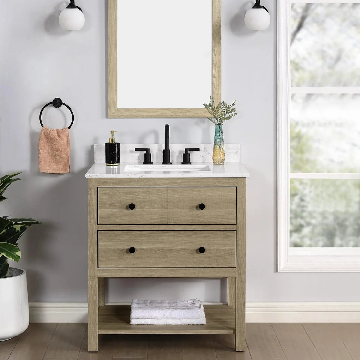 Encino 30-in Vanity Combo Light Oak with Carrara White Engineered Stone Top