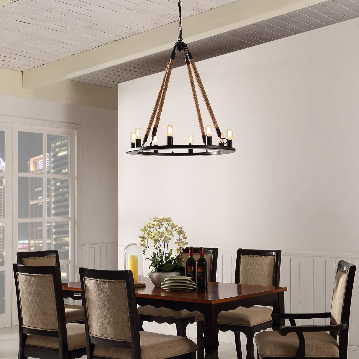 Encircle Vintage Rope & Steel 12 - Light Chandelier - Brown - Farmhouse - Inspired Light - BUILDMYPLACE