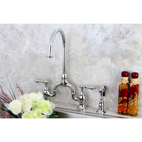 English Country Kitchen Bridge Faucet with Brass Sprayer - BUILDMYPLACE