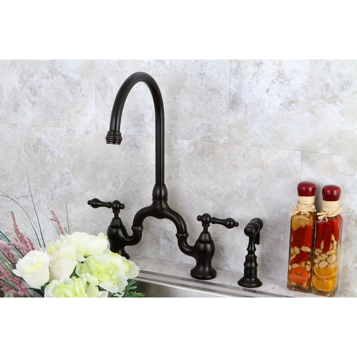 English Country Kitchen Bridge Faucet with Brass Sprayer - BUILDMYPLACE