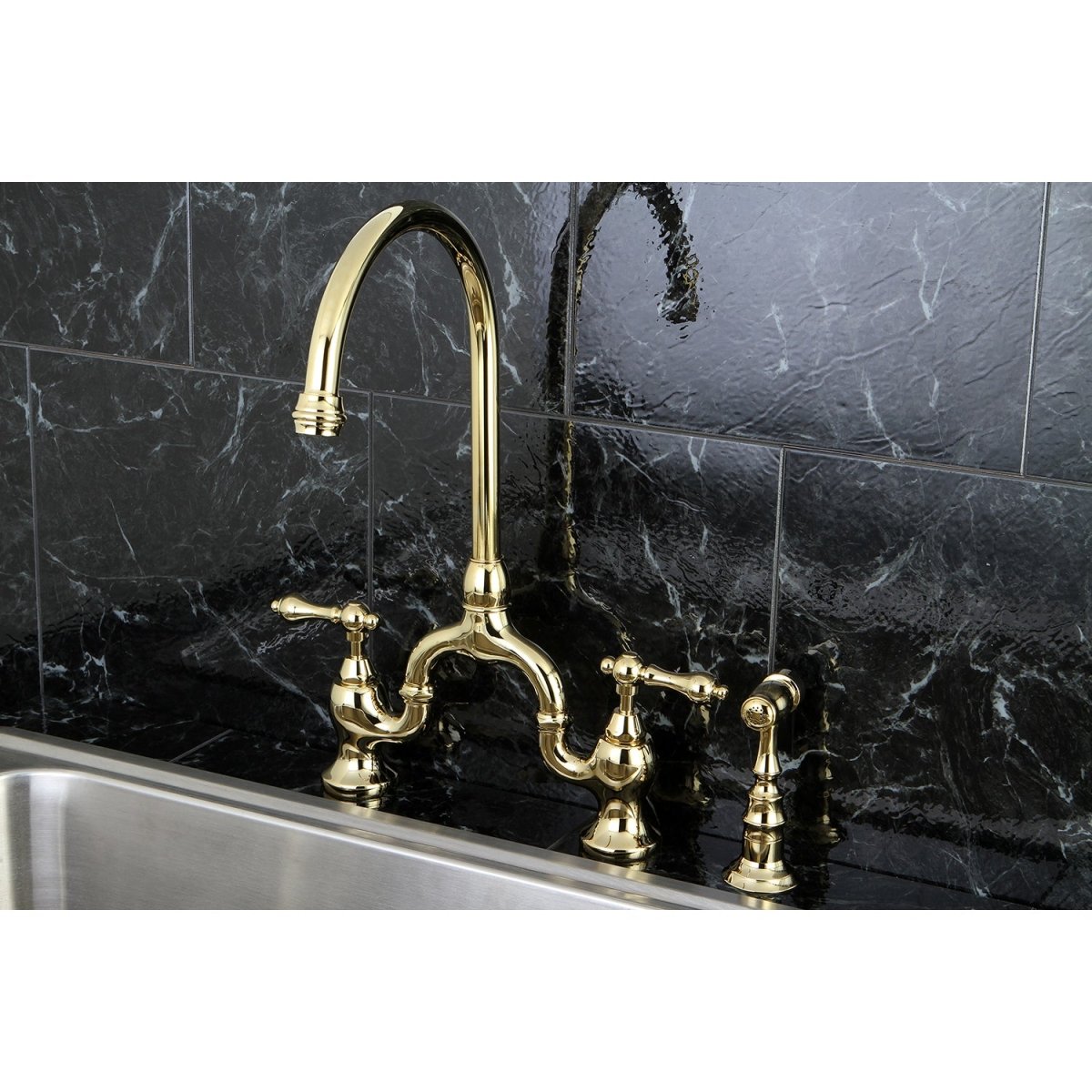 English Country Kitchen Bridge Faucet with Brass Sprayer - BUILDMYPLACE