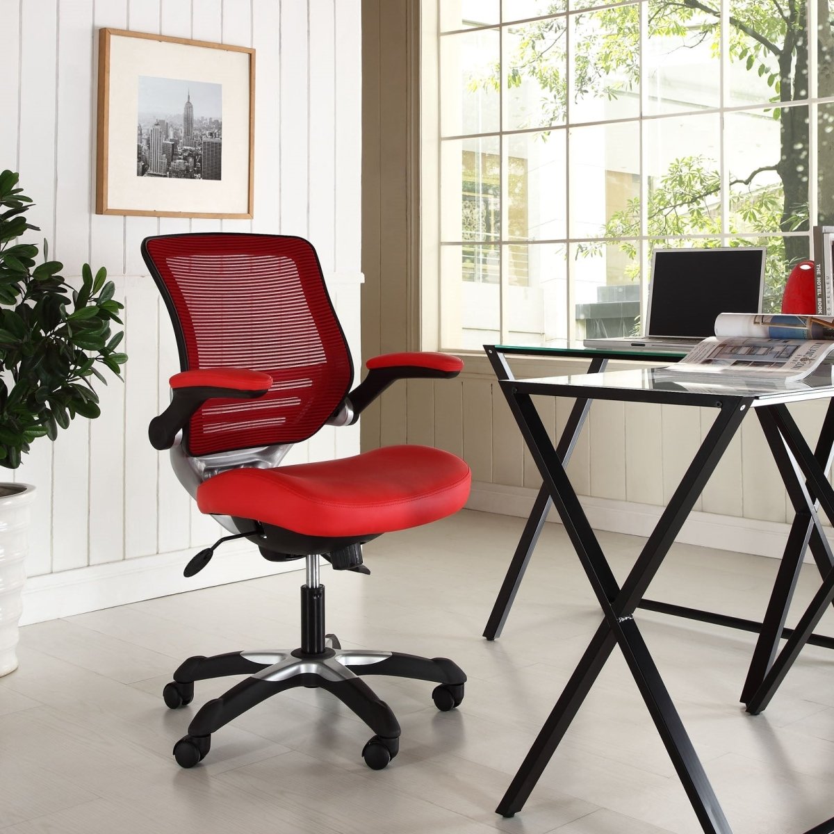 Ergonomic Drafting Chair with Adjustable Foot Ring and Flip - Up Arms Vinyl Seat - For Desk Chair - BUILDMYPLACE