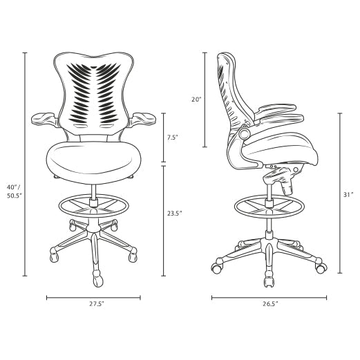 Ergonomic High Back Drafting Stool With Flip - Up Arms - Standing - Desk Matched Swivel Computer Office Chair, Black - BUILDMYPLACE