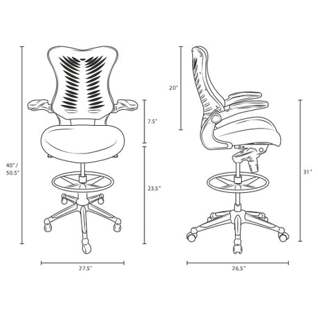 Ergonomic High Back Drafting Stool With Flip - Up Arms - Standing - Desk Matched Swivel Computer Office Chair, Black - BUILDMYPLACE