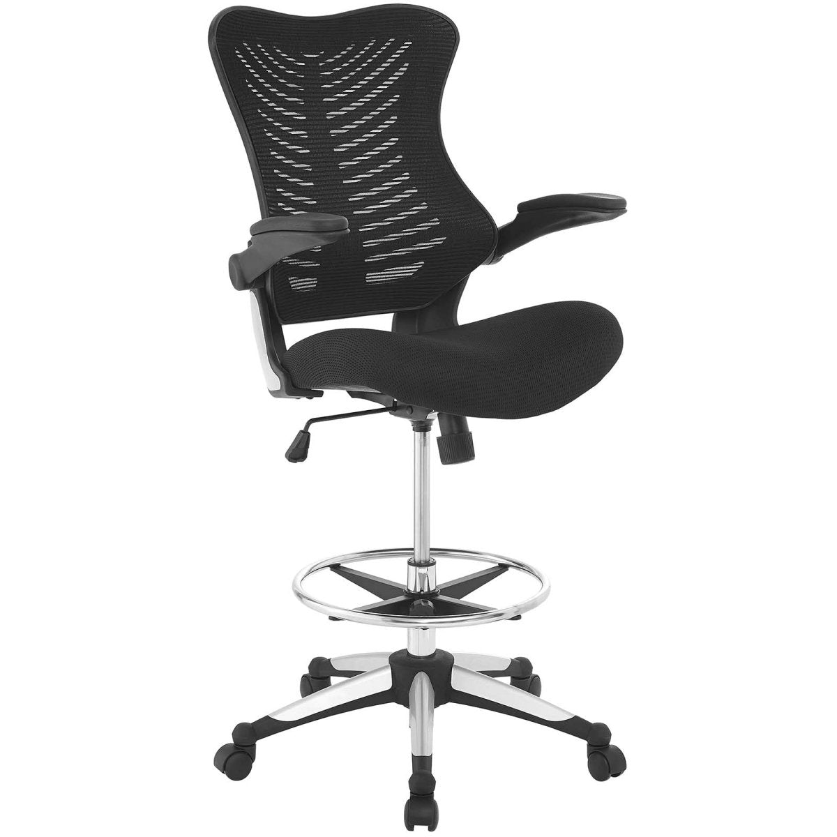 Ergonomic High Back Drafting Stool With Flip - Up Arms - Standing - Desk Matched Swivel Computer Office Chair, Black - BUILDMYPLACE
