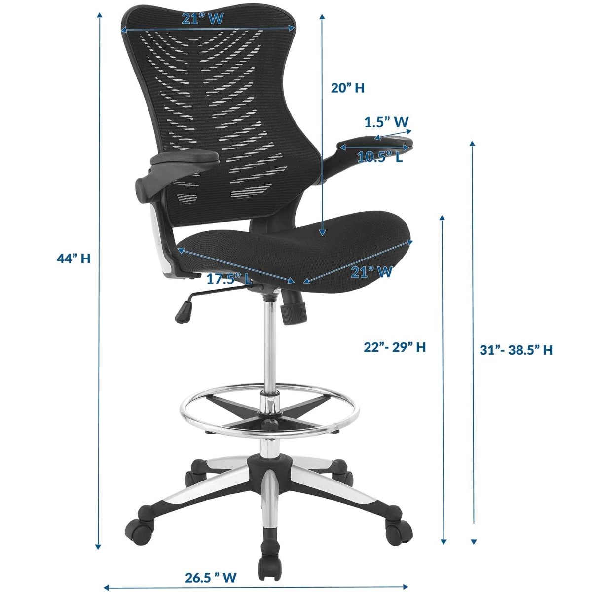 Ergonomic High Back Drafting Stool With Flip - Up Arms - Standing - Desk Matched Swivel Computer Office Chair, Black - BUILDMYPLACE