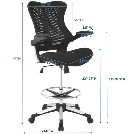 Ergonomic High Back Drafting Stool With Flip - Up Arms - Standing - Desk Matched Swivel Computer Office Chair, Black - BUILDMYPLACE