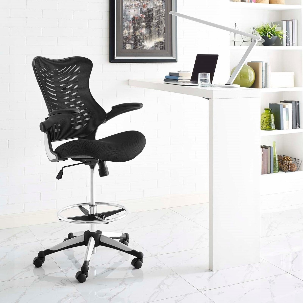 Ergonomic High Back Drafting Stool With Flip - Up Arms - Standing - Desk Matched Swivel Computer Office Chair, Black - BUILDMYPLACE