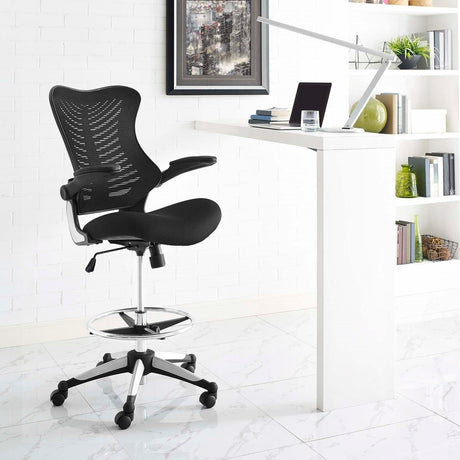 Ergonomic High Back Drafting Stool With Flip - Up Arms - Standing - Desk Matched Swivel Computer Office Chair, Black - BUILDMYPLACE