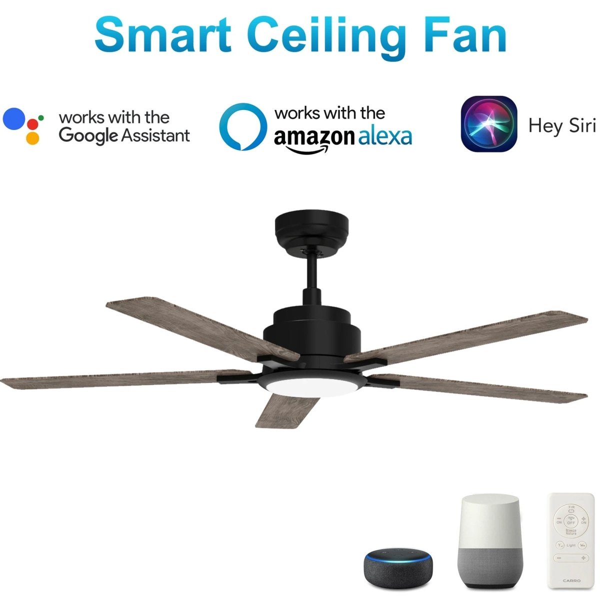 Essex 52" In. Black/ 5 Blade Smart Ceiling Fan with Dimmable LED Light Kit Works with Remote Control, Wi - Fi apps and Voice control via Google Assistant/Alexa/Siri - BUILDMYPLACE