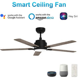 Essex 52" In. Black/ 5 Blade Smart Ceiling Fan with Dimmable LED Light Kit Works with Remote Control, Wi - Fi apps and Voice control via Google Assistant/Alexa/Siri - BUILDMYPLACE