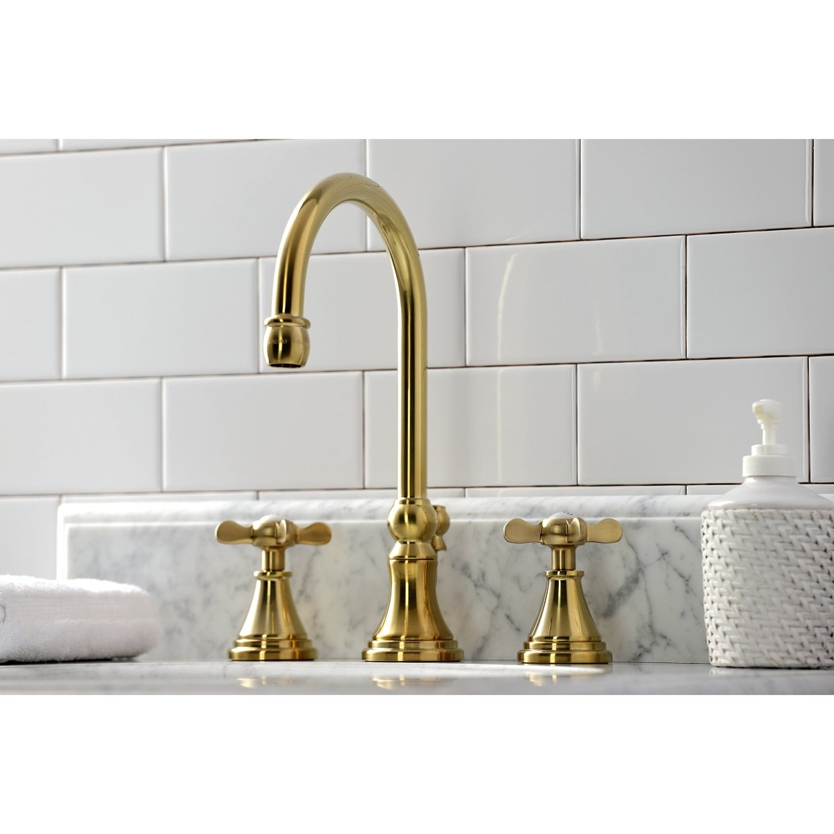 Essex Two - handle 3 - Hole Deck Mount Widespread Bathroom Sink Faucet With Brass Pop Up Drain - BUILDMYPLACE