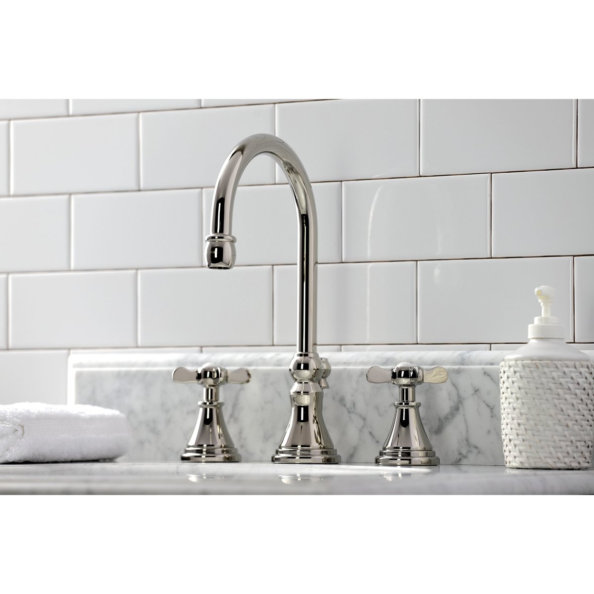 Essex Two - handle 3 - Hole Deck Mount Widespread Bathroom Sink Faucet With Brass Pop Up Drain - BUILDMYPLACE