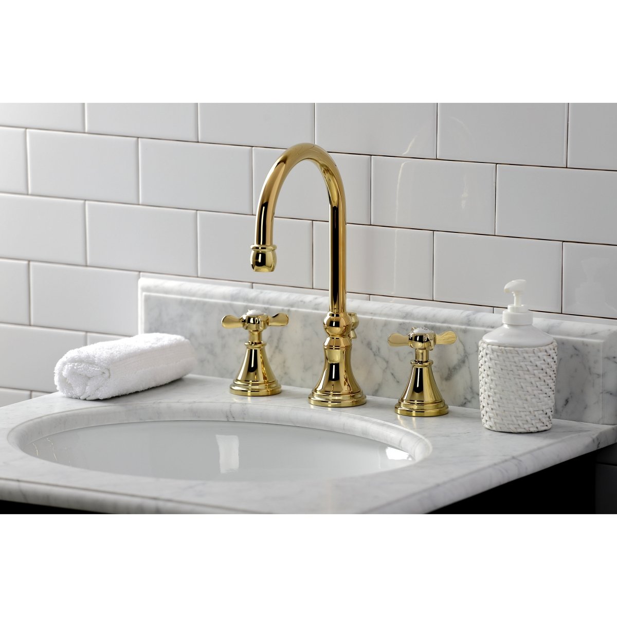 Essex Two - handle 3 - Hole Deck Mount Widespread Bathroom Sink Faucet With Brass Pop Up Drain - BUILDMYPLACE