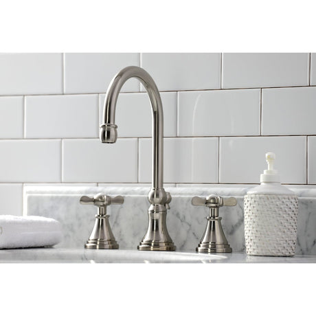 Essex Two - handle 3 - Hole Deck Mount Widespread Bathroom Sink Faucet With Brass Pop Up Drain - BUILDMYPLACE