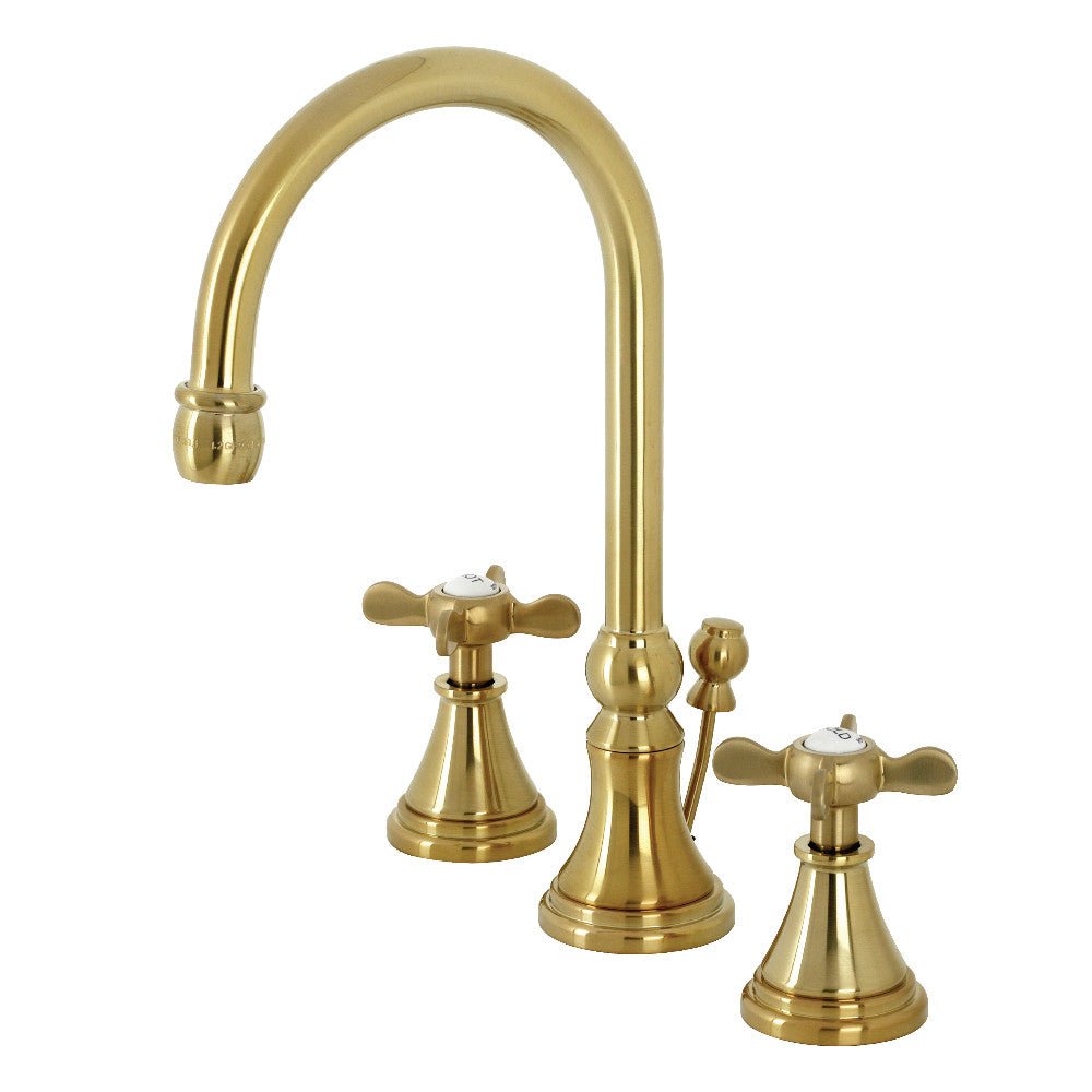 Essex Two - handle 3 - Hole Deck Mount Widespread Bathroom Sink Faucet With Brass Pop Up Drain - BUILDMYPLACE