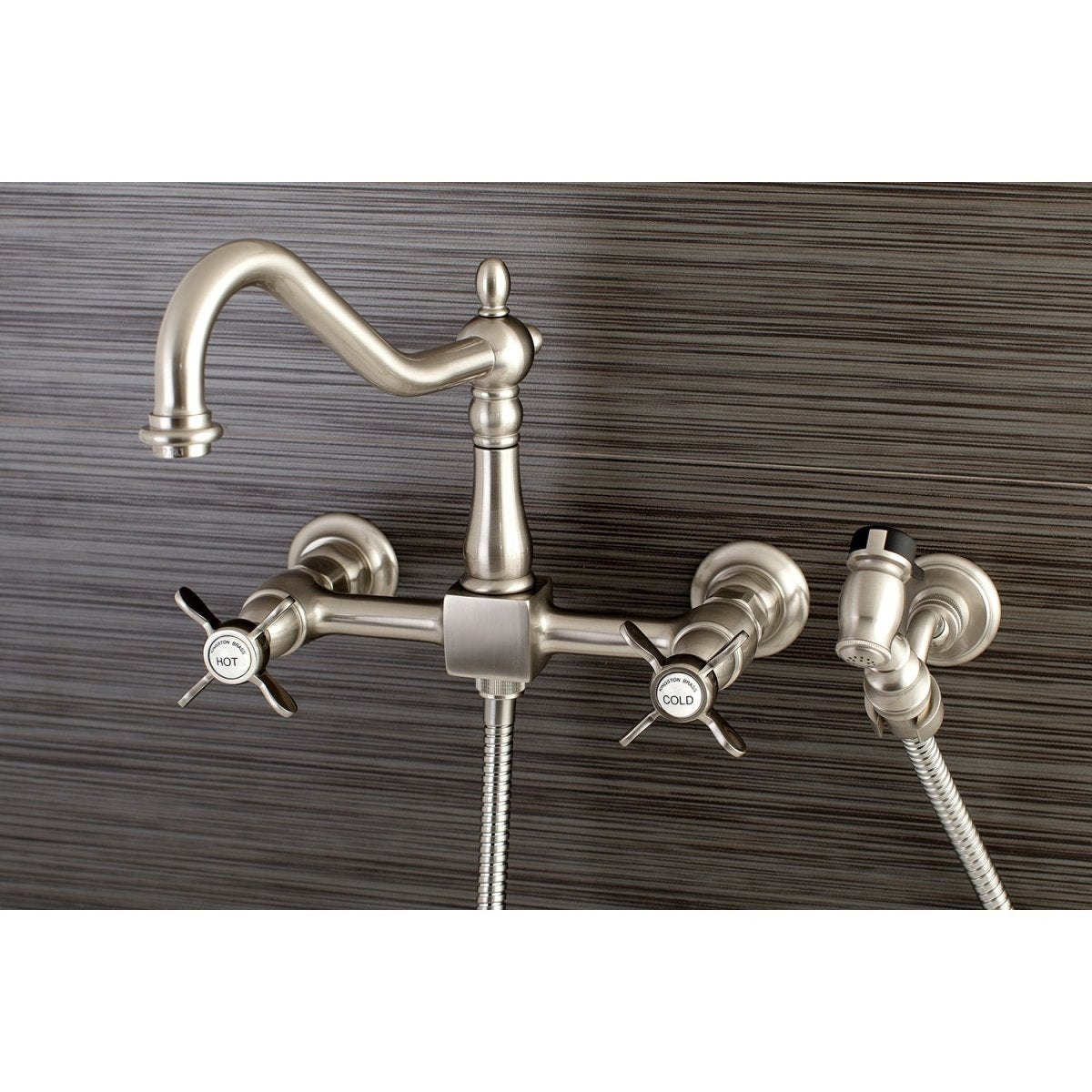 Essex Wall Mount Bridge Kitchen Faucet With Brass Sprayer - BUILDMYPLACE