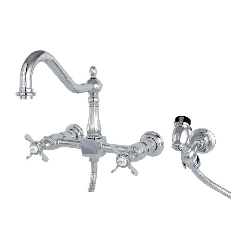 Essex Wall Mount Bridge Kitchen Faucet With Brass Sprayer - BUILDMYPLACE