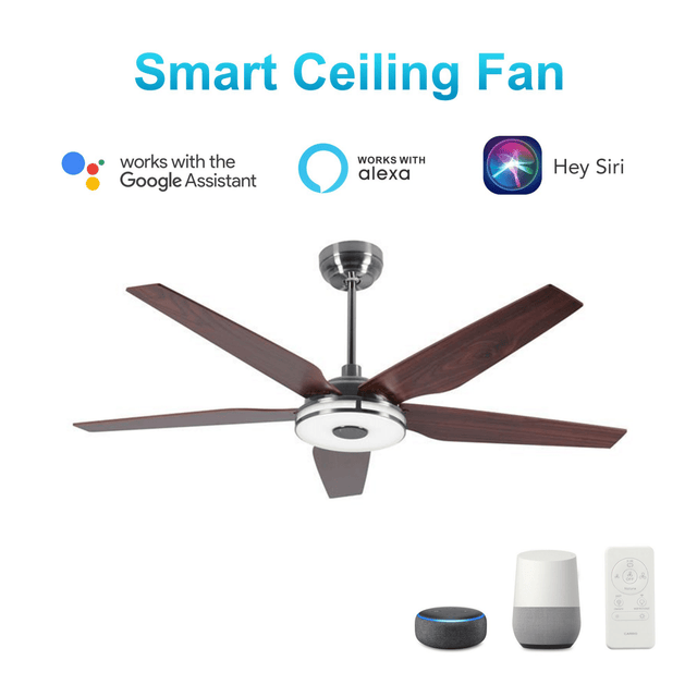 Explorer 56" In. Silver/Wood 5 Blade Smart Ceiling Fan with Dimmable LED Light Kit Works with Remote Control, Wi - Fi apps and Voice control via Google Assistant/Alexa/Siri - BUILDMYPLACE