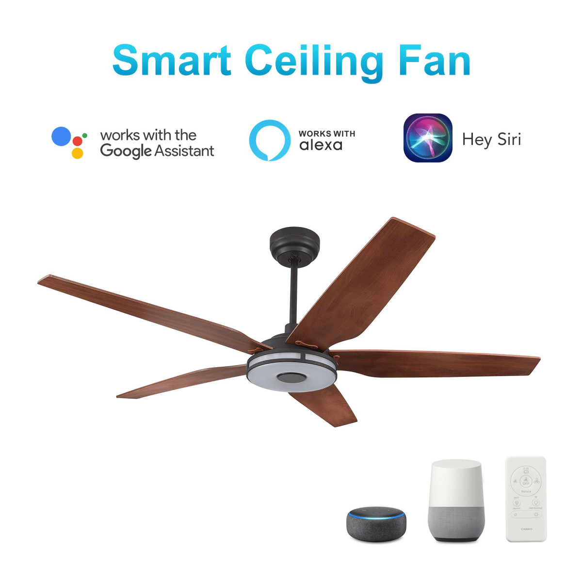 Explorer Black/Fine Wood Grain Pattern 5 Blade Smart Ceiling Fan with Dimmable LED Light Kit Works with Remote Control, Wi - Fi apps and Voice control via Google Assistant/Alexa/Siri - BUILDMYPLACE