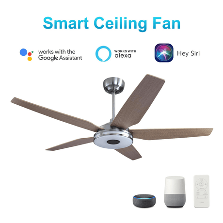 Explorer Silver/Wood 5 Blade Smart Ceiling Fan with Dimmable LED Light Kit Works with Remote Control, Wi - Fi apps and Voice control via Google Assistant/Alexa/Siri - BUILDMYPLACE